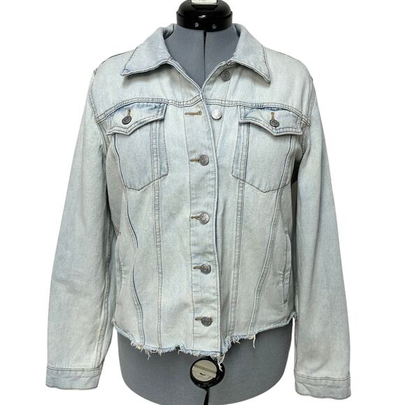 Upcycled Graphic Wild Fable Denim Trucker Jacket Soft Grunge White Wash Sz: L - Picture 2 of 9